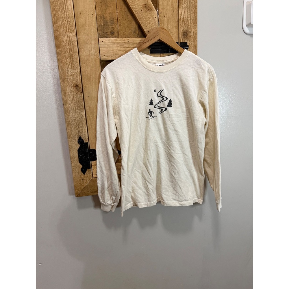 Vintage Anvil Ski Taos Long Sleeve Graphic T-Shirt Mens Medium Cream Cotton Tee